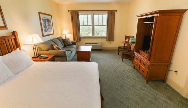 Hunter Mtn Deluxe Studio | Fireplace & Kitchen
