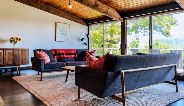 Mountain views, Midcentury Modern with hottub, fireplaces, on 10 acres.