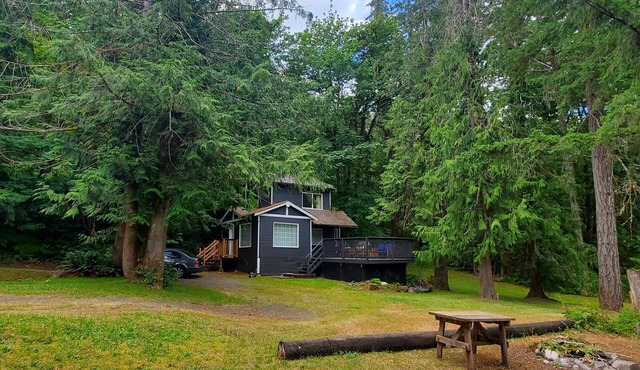Riverfront cottage with stairs to the river, firepit, and forested retreat.