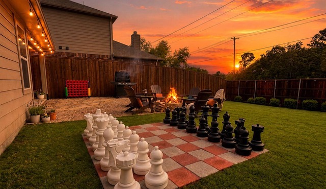 Spacious Backyard Fire Pit Near PGA Frisco, Universal Kids & Wedding Venues