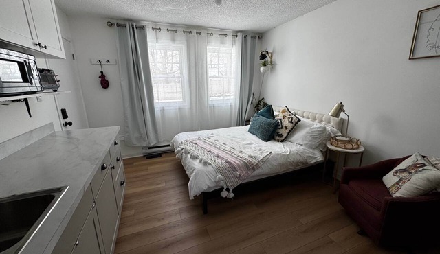 Studio: Queen bed, parking, kitchenette, downtown