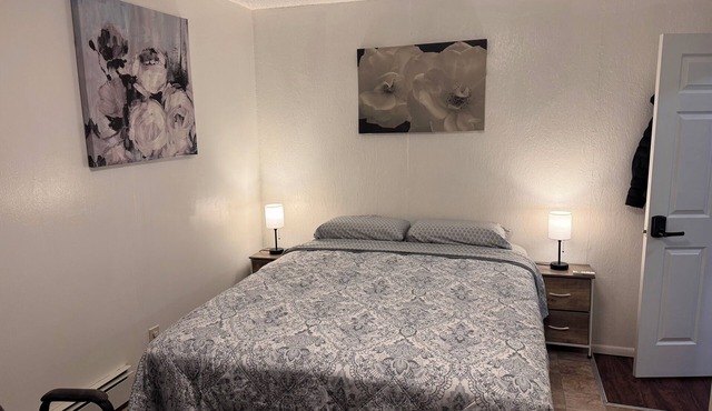 Studio with a Queen bed, shower cabin and toilet, shared access to free laundry
