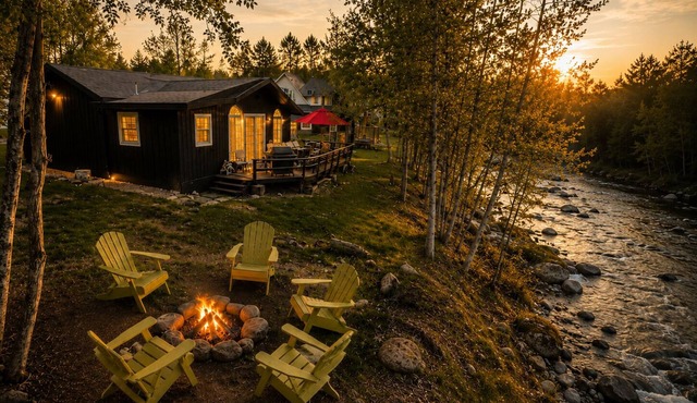 Tree-Lined Cottage Wood Fireplace Ellis River Private Firepit Riverside